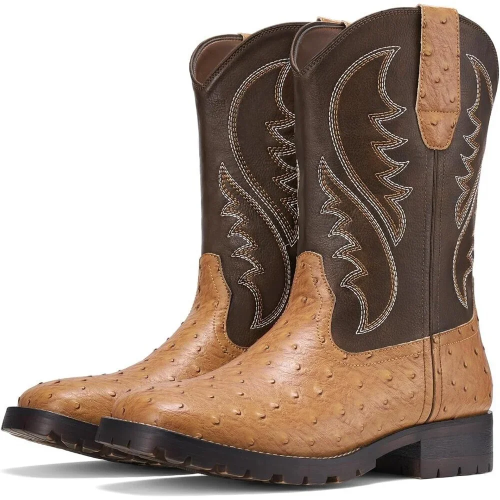 Men's Brown Square Toe Chunky Heel Mid-calf Classic Embroidered Pull On Boots